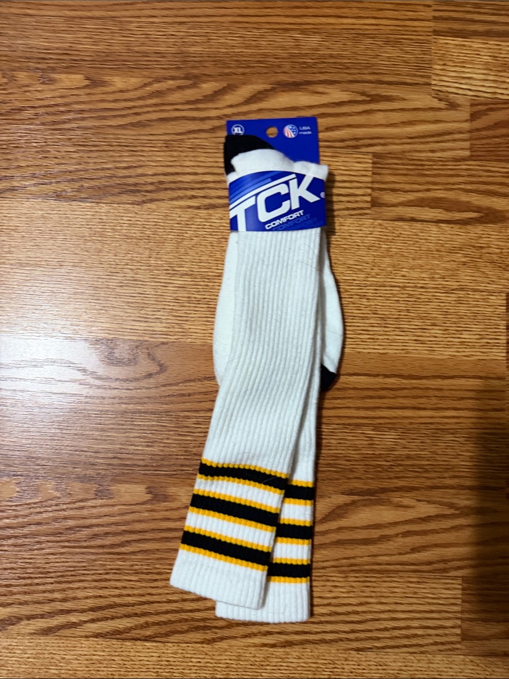 TCK APP STATE White Athletic Crew Socks with Black & Gold Stripe Accents